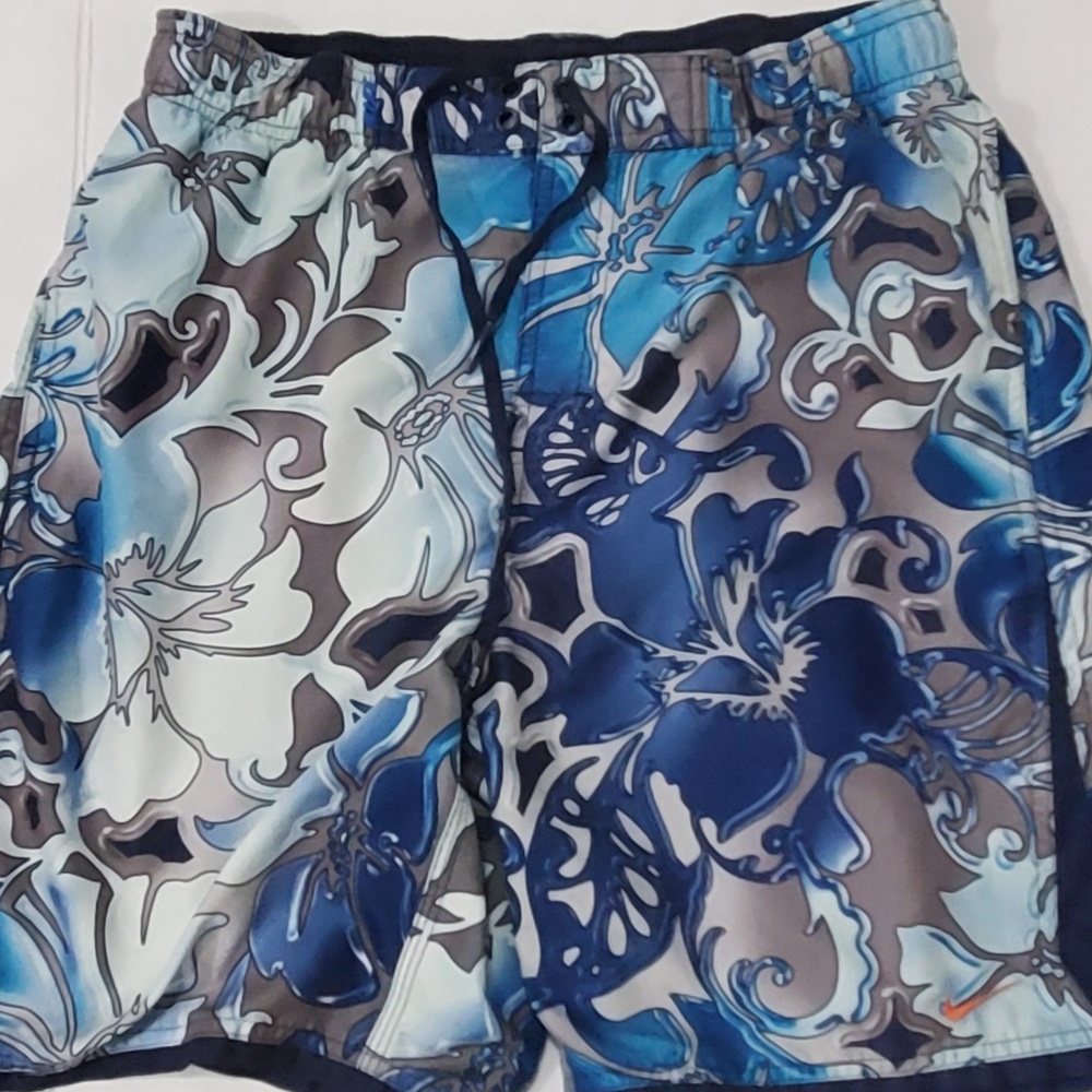 Nike Blue Gray and white Floral swim trunks